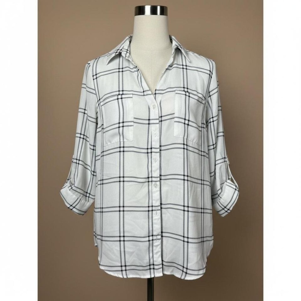 Fortune + Ivy White Black Plaid Blouse Medium Roll Tab Sleeve Top